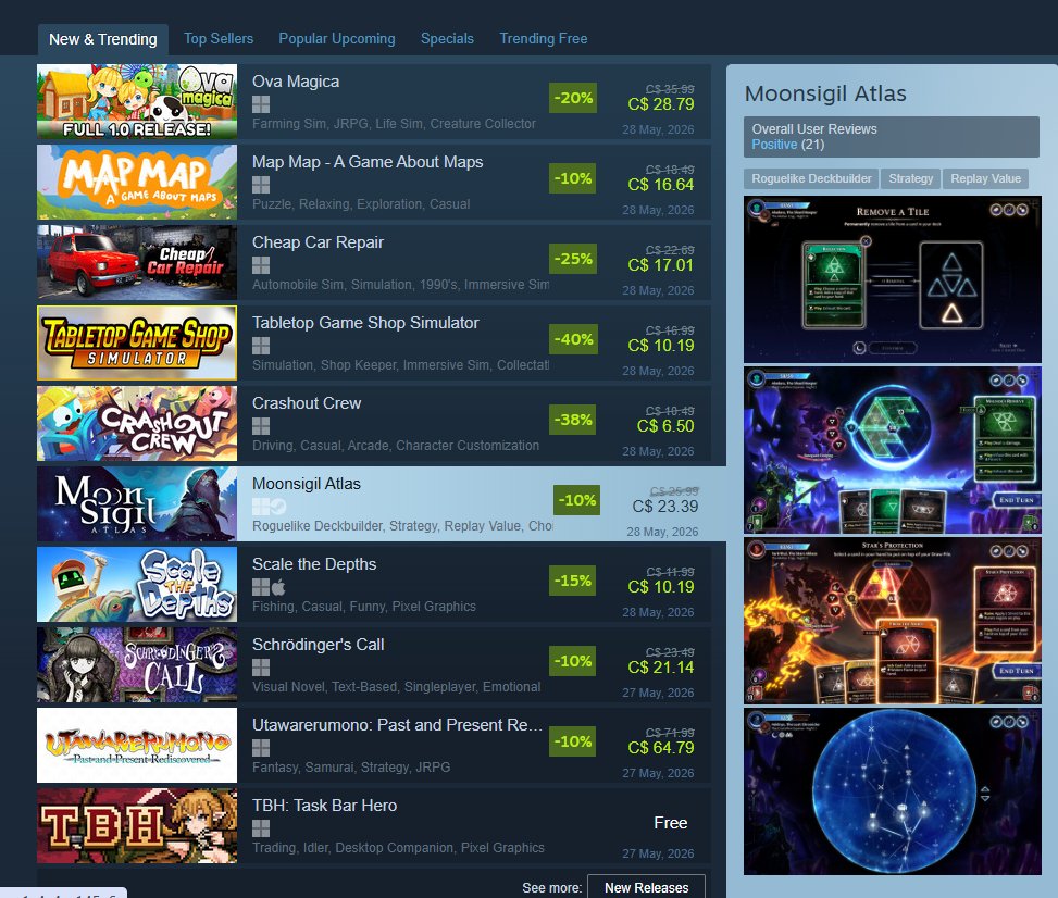 EvolveTom's tweet photo. Alriiiight! Love to see Moonsigil Atlas @MoonsigilAtlas on Steam's New &amp; Trending! Sure, it's early, but we're at 100% positive reviews so far, too!

Get at it! Need a key, holler, we gotchu. Share and support <3 https://t.co/k5UxhYXJBe