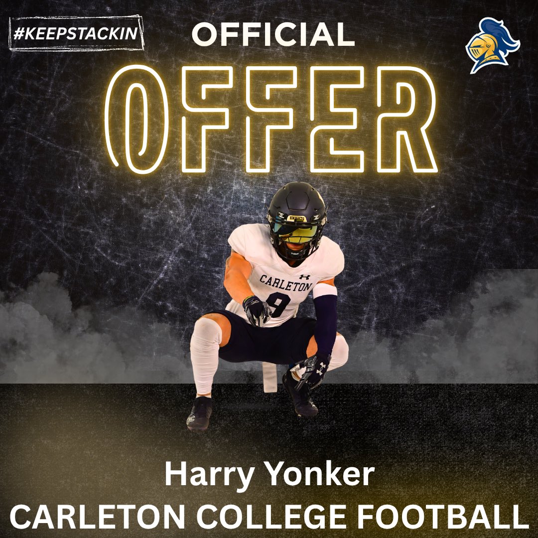 YonkerHarrison's tweet photo. After a great call with @rexdesso15 I am glad to announce that I have received my first offer to play college football. #AGTG #keepstackin @CoachC_17 @CarletonFB @CCHSKnights_FB https://t.co/z7A1VLXYfy