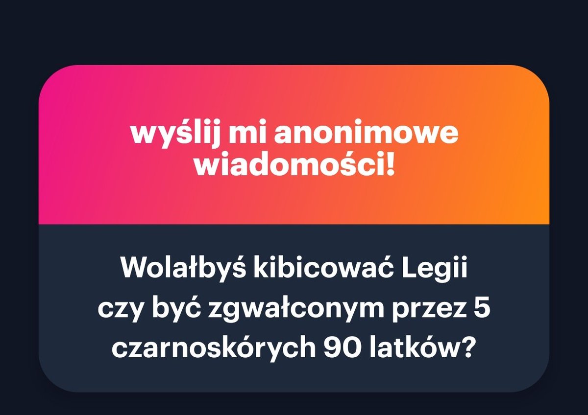 LechPosnanRUS's tweet photo. Wolałbym zostać zgwałcony przez 5 czarnoskórych 90 latkow https://t.co/KoHATzAXYc