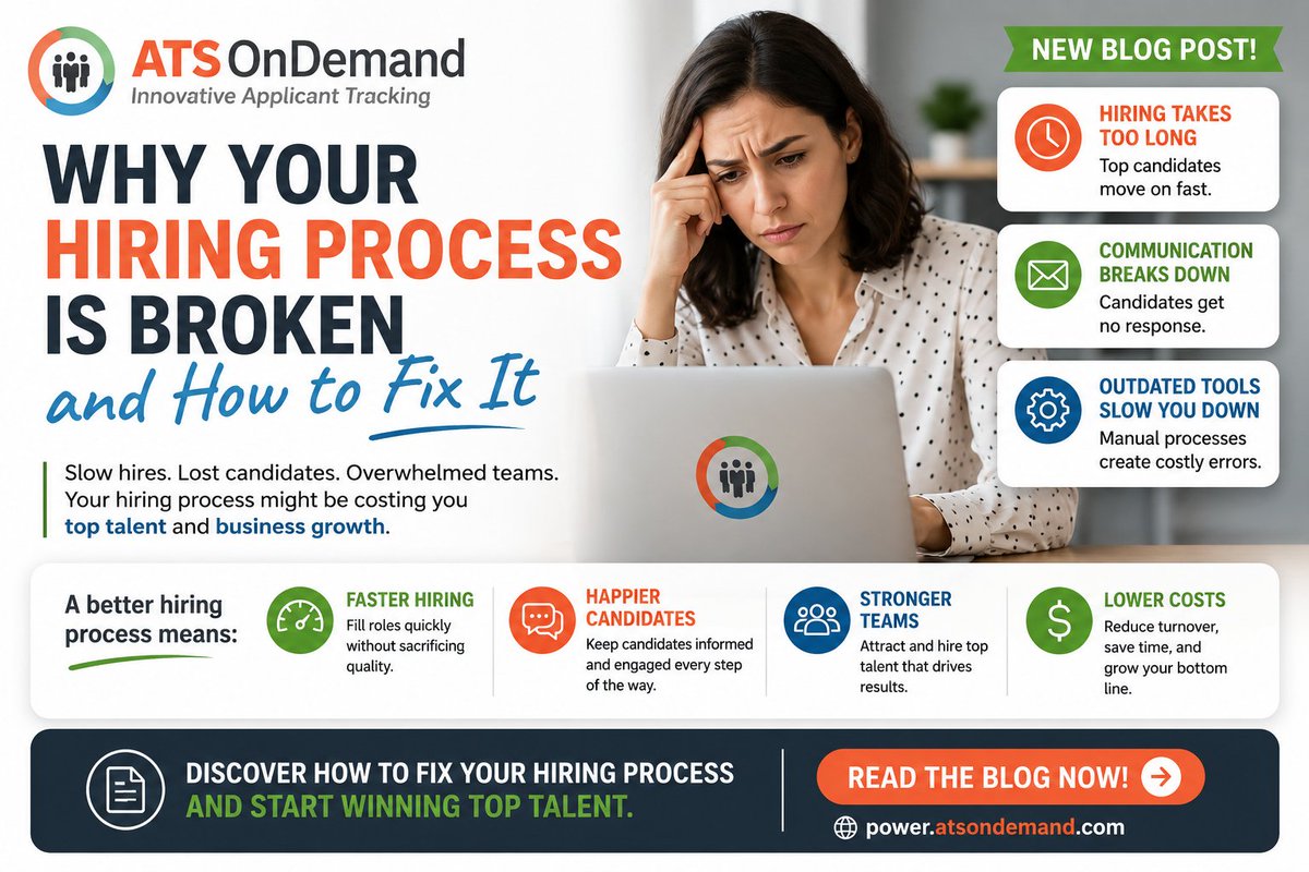 atsondemand's tweet photo. Your #hiringprocess could be costing you top talent. Slow #hiring, poor communication, & outdated systems are pushing candidates away. Read the #blog to learn how to streamline hiring, improve #candidateexperience, and hire better talent faster. https://t.co/GyTqYG34dv #ATS #HR https://t.co/0wstnraWhv