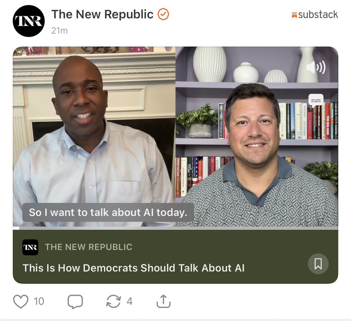 AlexSJacquez's tweet photo. Had a fun conversation with @perrybaconjr on Substack Live discussing AI politics, policy, and how Democrats should seize the
moment. Watch below! https://t.co/D91nGArE0L