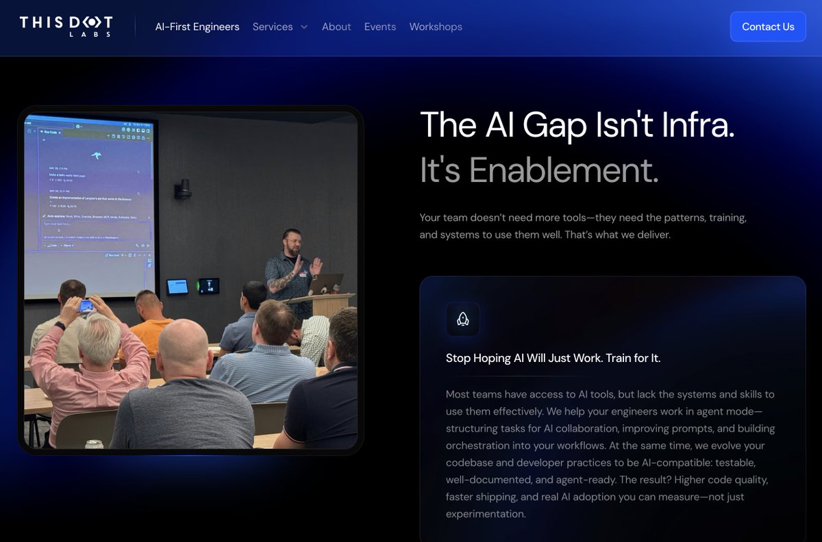 ThisDotLabs's tweet photo. AI is speeding up code generation faster than most engineering orgs can adapt their workflows around it.

That’s where a lot of the friction starts showing up.

At @ThisDotLabs, we help teams redesign engineering workflows for how AI-assisted development actually works in practice.

https://t.co/oOPrR0pFq3
