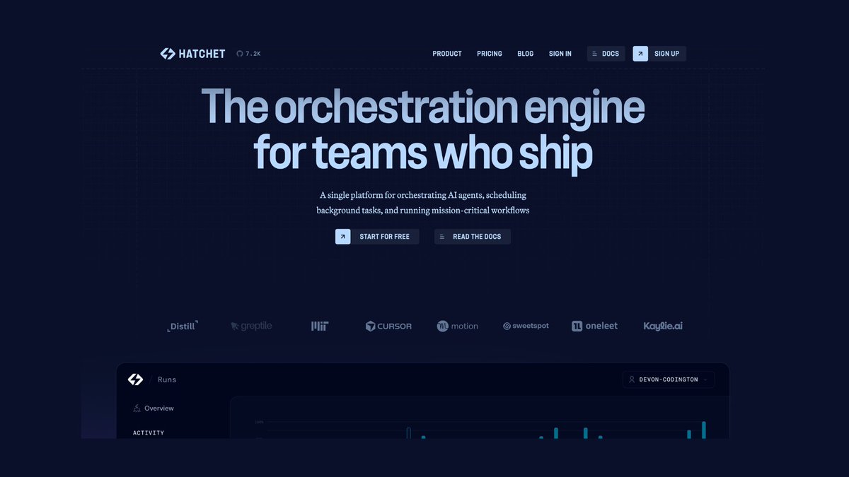 abelanger5's tweet photo. We've updated the @hatchet_dev landing page... again. 

Why? In 2026, we've nearly doubled usage and revenue on the platform. We've also seen lots of new use cases and patterns when companies are adopting Hatchet, which we needed to better illustrate.

In particular, platform teams are using Hatchet to provide a set of guardrails for their product teams building AI workloads at scale (data ingestion and AI agents, especially).

We've seen platform teams take the primitives that Hatchet provides, like tasks, streaming, and observability, and compose them into more complex patterns.  

As always, feedback is welcome.