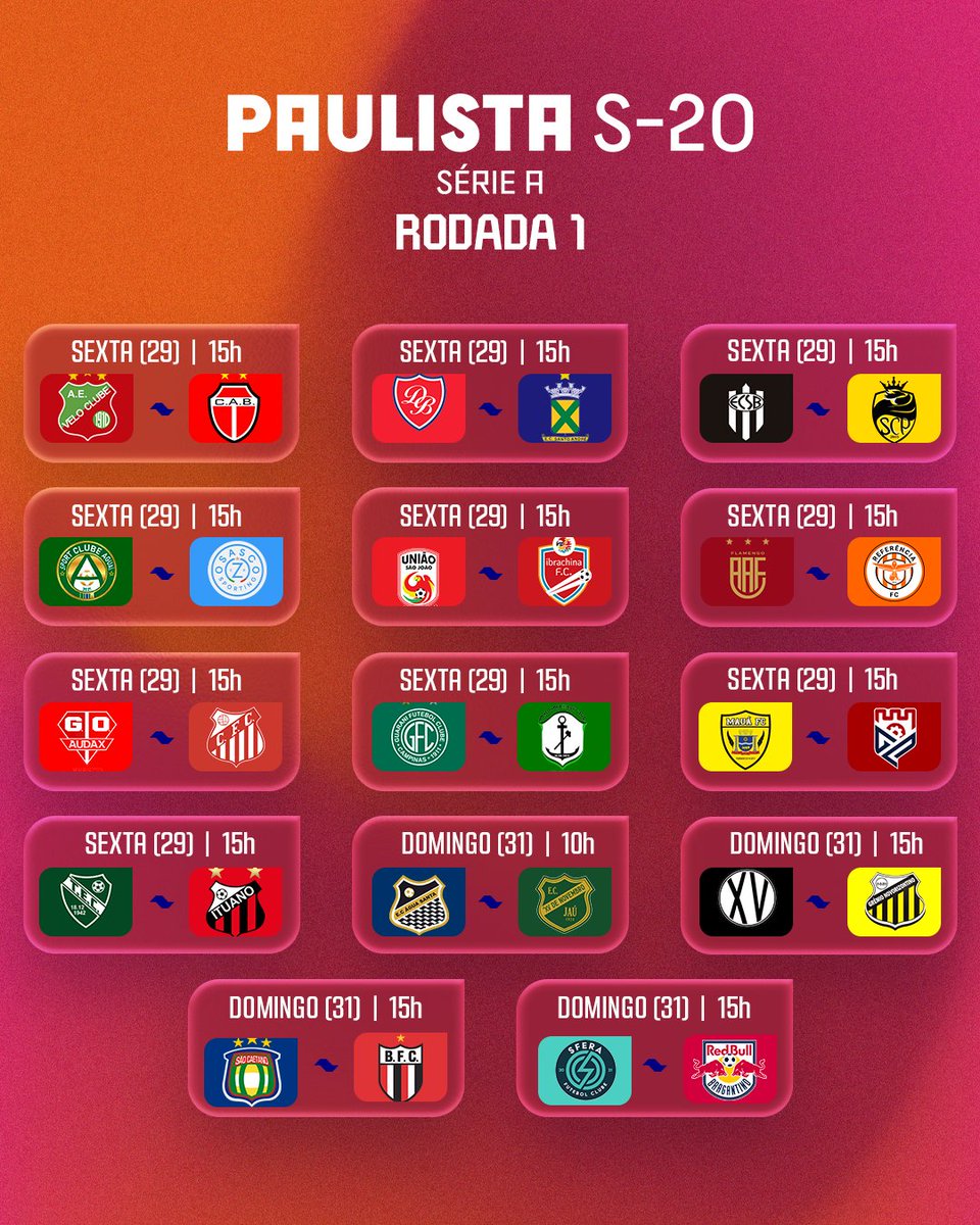 Copinha's tweet photo. VAI COMEÇAR O PAULISTA SUB-20 SÉRIE A!
Confira os confrontos da 1ª rodada!
#PaulistaSub20 https://t.co/VDjntsRiYG