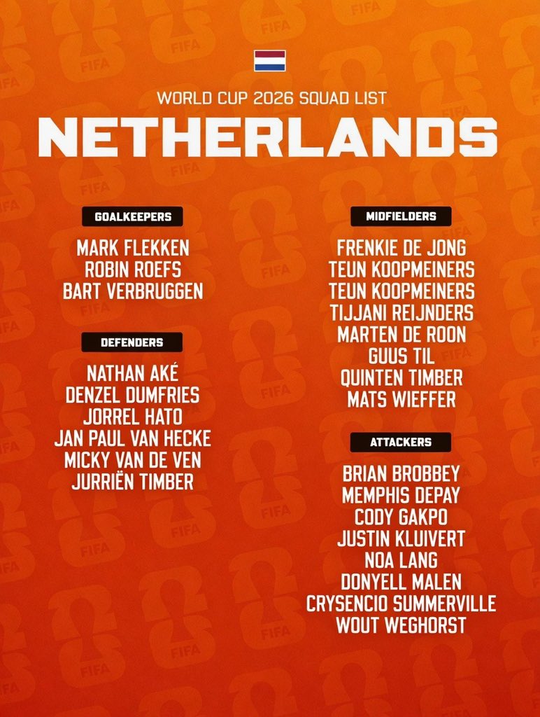 UnscriptedFooty's tweet photo. 🚨Some of the main players left out of Netherlands squad for the world cup ❌🇳🇱

❌ Jeremie Frimpong
❌ Matthijs de Ligt
❌ Xavi Simons
❌ Joshua Zirkzee
❌ Stefan de Vrij
❌ Emmanuel Emegha
❌ Zian Flemming
❌ Ryan Graven…. see thread https://t.co/7V36hpLpaZ