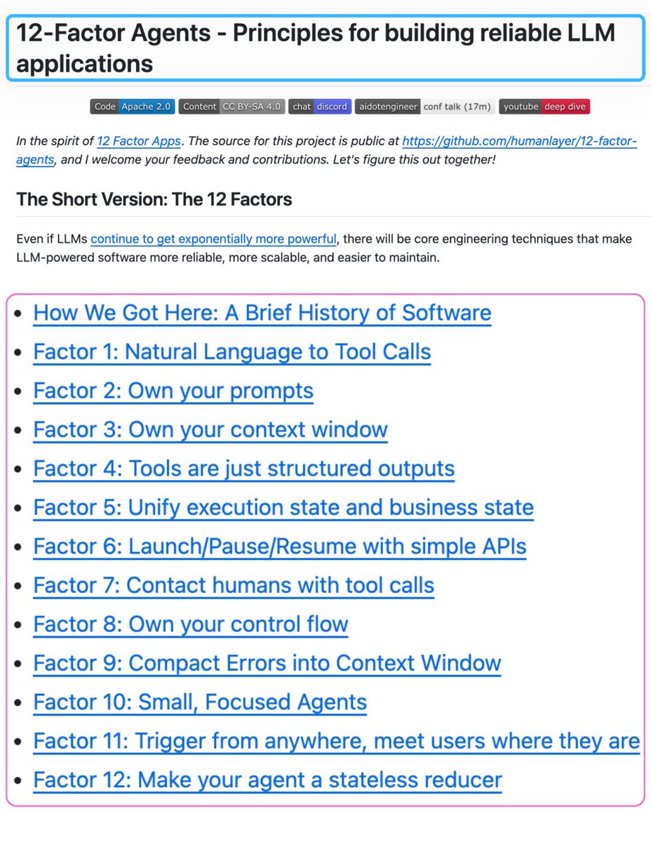 techNmak's tweet photo. Someone documented the engineering principles behind AI agents that actually work in production.

It's called 12-Factor Agents.

Here's what each factor actually means and why it matters:

Factor 1 - Natural Language to Tool Calls
The LLM's only job is to decide what to do next, outputting structured JSON. Your deterministic code does the actual execution. This separation is what makes agents debuggable.

Factor 2 - Own your prompts
If a framework hides your prompts from you, you can't debug output quality. Visibility is non-negotiable.

Factor 3 - Own your context window
The context window is the agent's entire working memory. What you put in, in what order, with what compression, determines output quality more than model choice. This is context engineering, the most underrated skill in agent development.

Factor 4 - Tools are just structured outputs
Tool calling is not magic. It's JSON schema. The LLM outputs a structured object. Your code pattern-matches on it and executes. Demystify this and everything else gets simpler.

Factor 5 - Unify execution state and business state
Don't maintain two separate state systems. The agent's execution state and your application's business state should live in one place or you'll spend your life keeping them in sync.

Factor 6 - Launch/Pause/Resume with simple APIs
Production agents get interrupted. Users change their minds. Systems go down. Design for pause and resume from the start, not as an afterthought.

Factor 7 - Contact humans with tool calls Human approval isn't a special interrupt mechanism. It's just another tool the agent can call. This reframe makes human-in-the-loop trivial to add and trivial to remove.

Factor 8 - Own your control flow
Let the LLM decide what action to take. Keep the if/else and switch statements in your code. The moment a framework owns your control flow, debugging becomes reverse-engineering.

Factor 9 - Compact errors into context window
A failed tool call is information, not an exception to throw. Put the error back into context so the agent can reason about what went wrong and try differently.

Factor 10 - Small, focused agents
One agent. One job. Reliability degrades with scope. The agents that work in production do one thing well and hand off cleanly to the next.

Factor 11 - Trigger from anywhere
Email, Slack, webhook, cron, mobile app. The same agent should be triggerable from any surface without rewriting the core logic.

Factor 12 - Make your agent a stateless reducer
Given the same context window, the agent always produces the same next action. Test it like a function. Debug it like a function. This is the architectural principle that makes everything else tractable.

The fastest path to production AI is understanding these principles well enough to apply them inside what you're already building.

22k+ stars.

GitHub Repo: https://t.co/nQjPc8w3V1