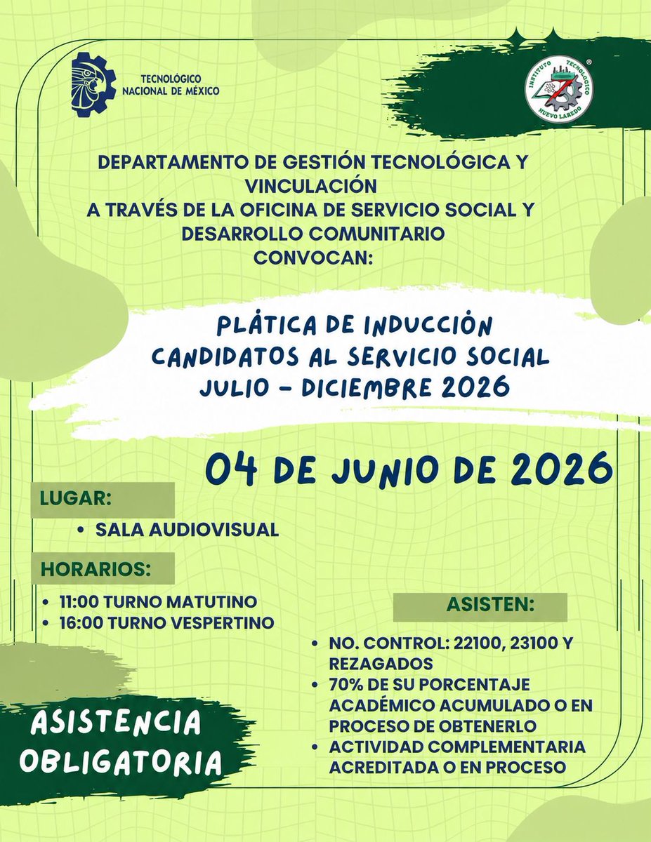 teclaredo's tweet photo. 📢 Plática de Inducción para Candidatos al Servicio Social 📢

#TecosTec
#TecLaredo
#TodosSomosTecNM https://t.co/h25xOmsPaS