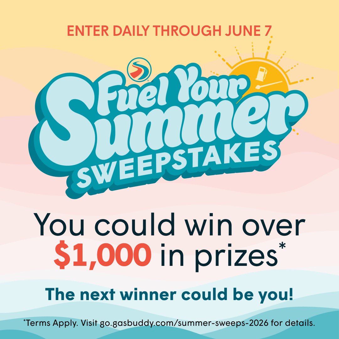 GasBuddy's tweet photo. The first winner has been chosen, but you still have two more chances to win 100k points and a shot at the grand prize including a $1,000 digital card! 🏆 

Enter 3X daily in the app by earning points, signing up for Pay with GasBuddy+ or Premium, or using your Pay with GasBuddy+ card. 

NO PURCH. NEC. Open to legal residents of 50 US/DC, 18+. Void where prohibited Starts 5/18/26 and ends 6/7/26. Subject to Rules including prizes & odds: https://t.co/5vCtVtQRDs. Sponsor: GasBuddy, LLC.