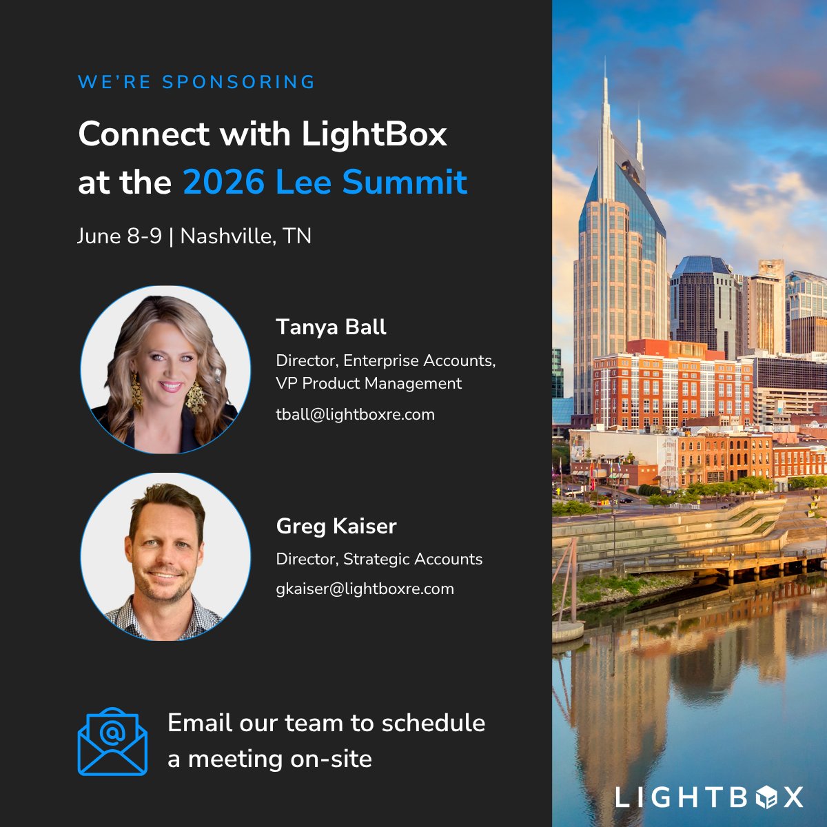 LightBoxRE's tweet photo. @LightBoxRE is proud to sponsor the 2026 Lee & Associates Summit, taking place June 8-9 in Nashville.

Stop by Booth #7 to connect with the LightBox team and see how our end-to-end solutions help CRE professionals uncover new business opportunities, streamline due diligence, and deliver compliant, accurate reports.

We’re looking forward to two days of valuable conversations, industry insights, and connecting with leaders across commercial real estate.

Message Tanya Ball or Greg Kaiser to schedule time to meet on-site.

#LeeSummit2026 #CRE #LightBoxCRE #CapitalMarkets #CommercialRealEstate @LeeAssociatesRE