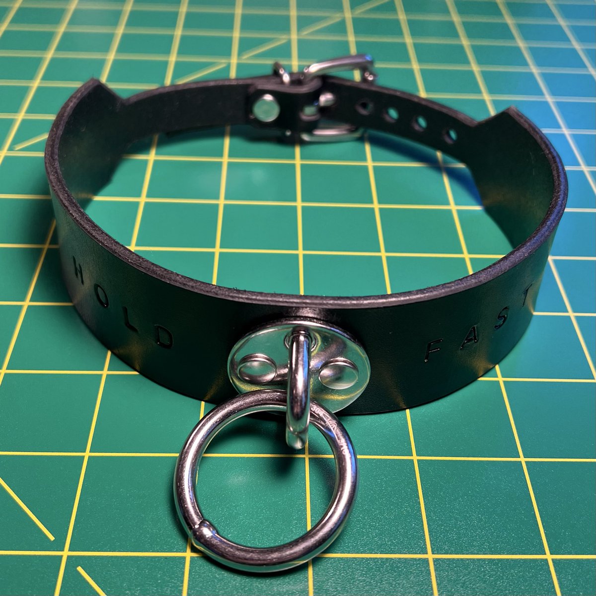 riverqueer's tweet photo. Just listed this heavy bondage collar with stainless steel hardware and a boat padeye, stamped with HOLD/FAST, fits 15"-17" https://t.co/D7oCiPs85a