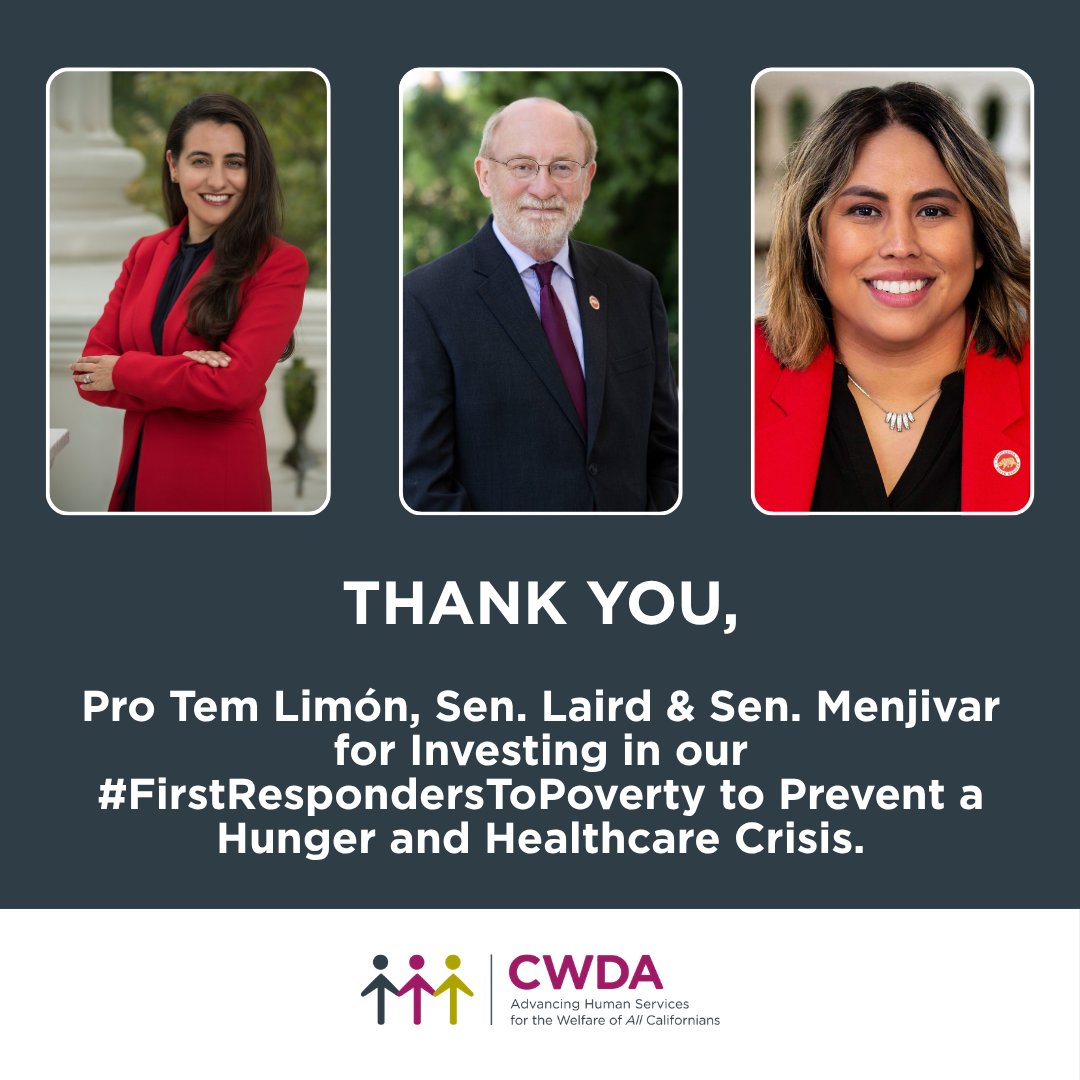 CWDA_CA's tweet photo. Thanks @MoniqueLimonCA @SenJohnLaird @CarolineMenjiv3 for recognizing #FirstRespondersToPoverty stand between vulnerable Californians & a hunger & healthcare crisis. The Sen #CABudget plan provides robust, ongoing investment in our proven #MediCal & #CalFresh eligibility workers. https://t.co/TMaGpMl6kI
