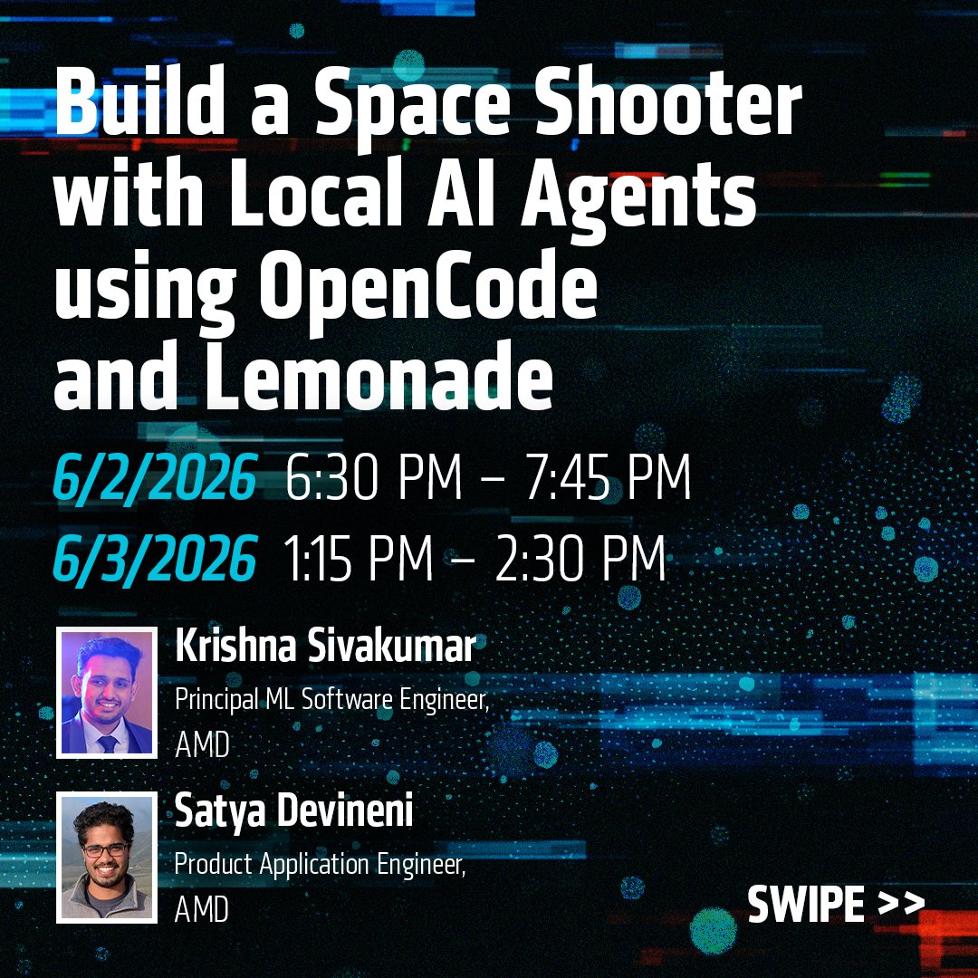 AIatAMD's tweet photo. Build a space shooter with local AI agents using OpenCode and Lemonade 🚀 with @ramkrishna2910  and Satya Devineni https://t.co/ld1nLinfI1