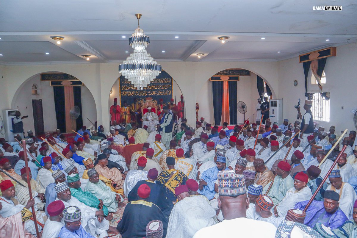 BamaCouncil's tweet photo. As part of the Eid El-Adha Celebrations, His Royal Highness The Shehu of Bama, (Dr.) Umar Kyari Umar El-kanemi, received people of Bama Emirate across all sections of the society, who converged at the Palace for a traditional feast and later paid homage to His Royal Highness. https://t.co/3vXzWnnLKF