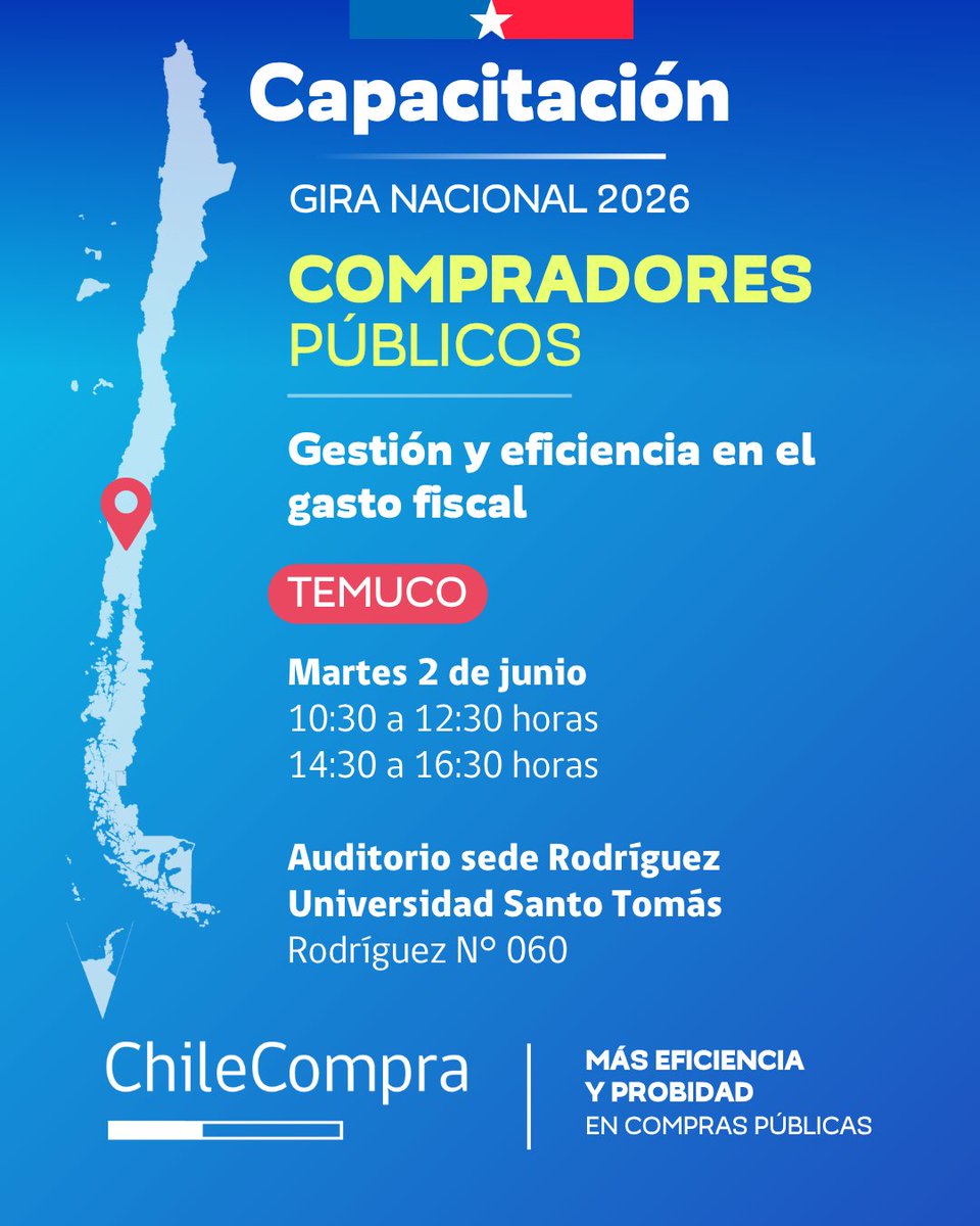 ChileCompra's tweet photo. #ChileCompraEnTerreno 🚍
La próxima semana estaremos en Temuco capacitando a funcionarias y funcionarios públicos, como parte de nuestra gira nacional para entregar recomendaciones que permitan mejorar el gasto público y optimizar los recursos en las compras del Estado.
Revisa las 2 opciones de horarios y participa en las charlas 👇

📌 Revisa las 2 opciones de horarios y participa.
10:30 hrs. Inscripción jornada AM: 
https://t.co/JB5cn81xJw
14:30 hrs. Inscripción jornada PM:  
https://t.co/DJxNGzx85U
#ComprasPúblicas #Temuco #GestiónPública #MercadoPúblico