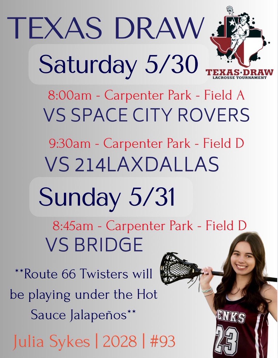 Julia_Sykes2028's tweet photo. Schedule for this weekend! I’m excited to play for the Hot Sauce Jalapeños at Texas Draw! https://t.co/0xjWCay6TB