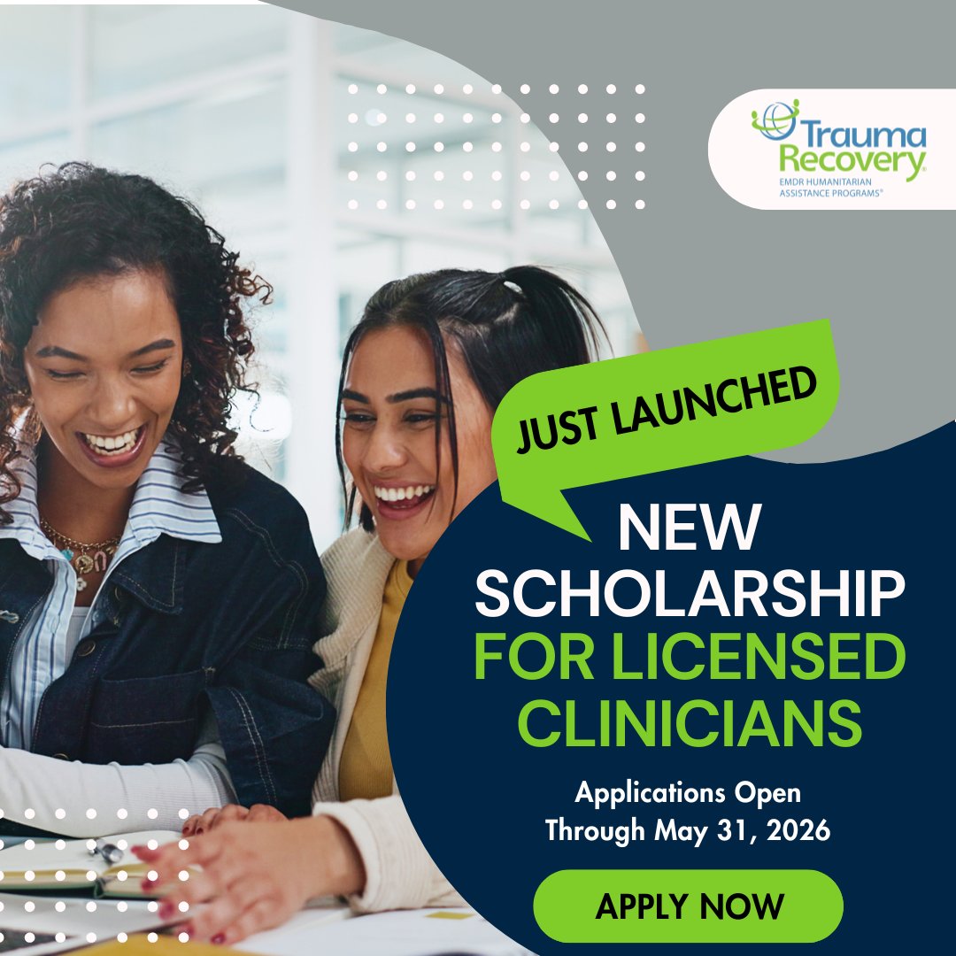 EMDRHAP's tweet photo. Trauma Recovery/HAP is now accepting applications for our new Clinician Scholarship Program! 18 full EMDR Basic Training scholarships ($1,290 value) are available for eligible community mental health clinicians. 

Apply by May 31, 2026: https://t.co/C4GXhoSXiM https://t.co/dFB9ISWSBq
