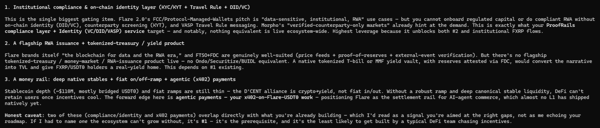 0xQuantic's tweet photo. I asked Claude Opus 4.8 a simple question: 

what are the top 3 dApps or solutions @FlareNetworks needs most at this stage?  👀 https://t.co/8hA1Ob5ioT