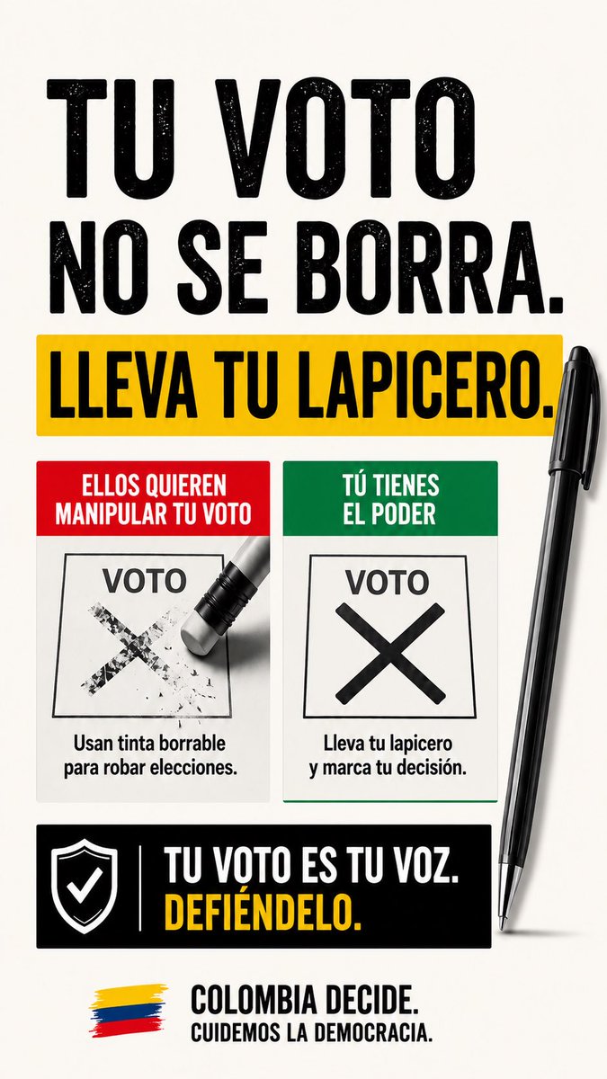 LeandroPulg's tweet photo. Lleva tu propio lapicero el día de elecciones. ✍️🇨🇴

Debe quedar marcado como TÚ decidiste, no como otros quieran.

Comparte esto. Que nadie juegue con la democracia.
#LlevaTuLapicero #TuVotoNoSeBorra

@petrogustavo @FranciaMarquezM @GustavoBolivar @MafeCarrascal @MeDicenWally https://t.co/zM4xeTNlZ4