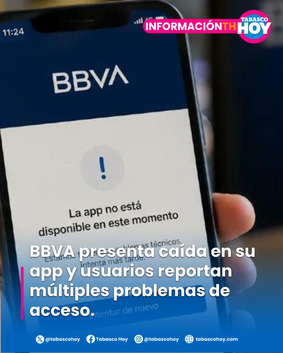 TabascoHOY's tweet photo. #ÚLTIMAHORA 🔴|La aplicación de #BBVA presentó fallas este jueves, provocando problemas para acceder a cuentas y realizar operaciones bancarias. 

Usuarios reportaron inconvenientes en transferencias y banca móvil. Según Downdetector, el 55 por ciento de los reportes corresponde a la aplicación, mientras que el resto se divide entre banca en línea y servicios móviles.

https://t.co/MaPADTvVVx