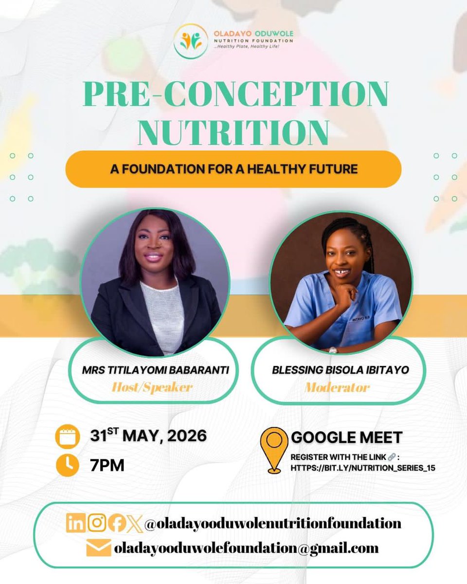 oon_foundation's tweet photo. A healthy future starts before pregnancy.

Join us this May as we discuss the importance of Pre-Conception Nutrition.

🗓 31st May, 2026
⏰ 7PM
📍 Google Meet

🔗 Register here: https://t.co/hzyX7KB7cB

#OONF #PreConceptionNutrition #HealthyFuture #NutritionAwareness https://t.co/U8jUQd4jvP