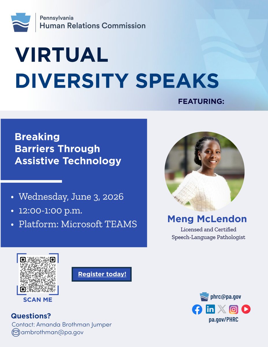 PA_HumRelComm's tweet photo. 🔔Join us for our upcoming Virtual Diversity Speaks! 
Breaking Barriers Through Assistive Technology: 
June 3 | 12:00-1:00 p.m. | Microsoft Teams | Featuring: Meng McLendon, Licensed and Certified Speech-Language Pathologist 
Register Here: https://t.co/hcphUDJalD https://t.co/wThLMezAkv