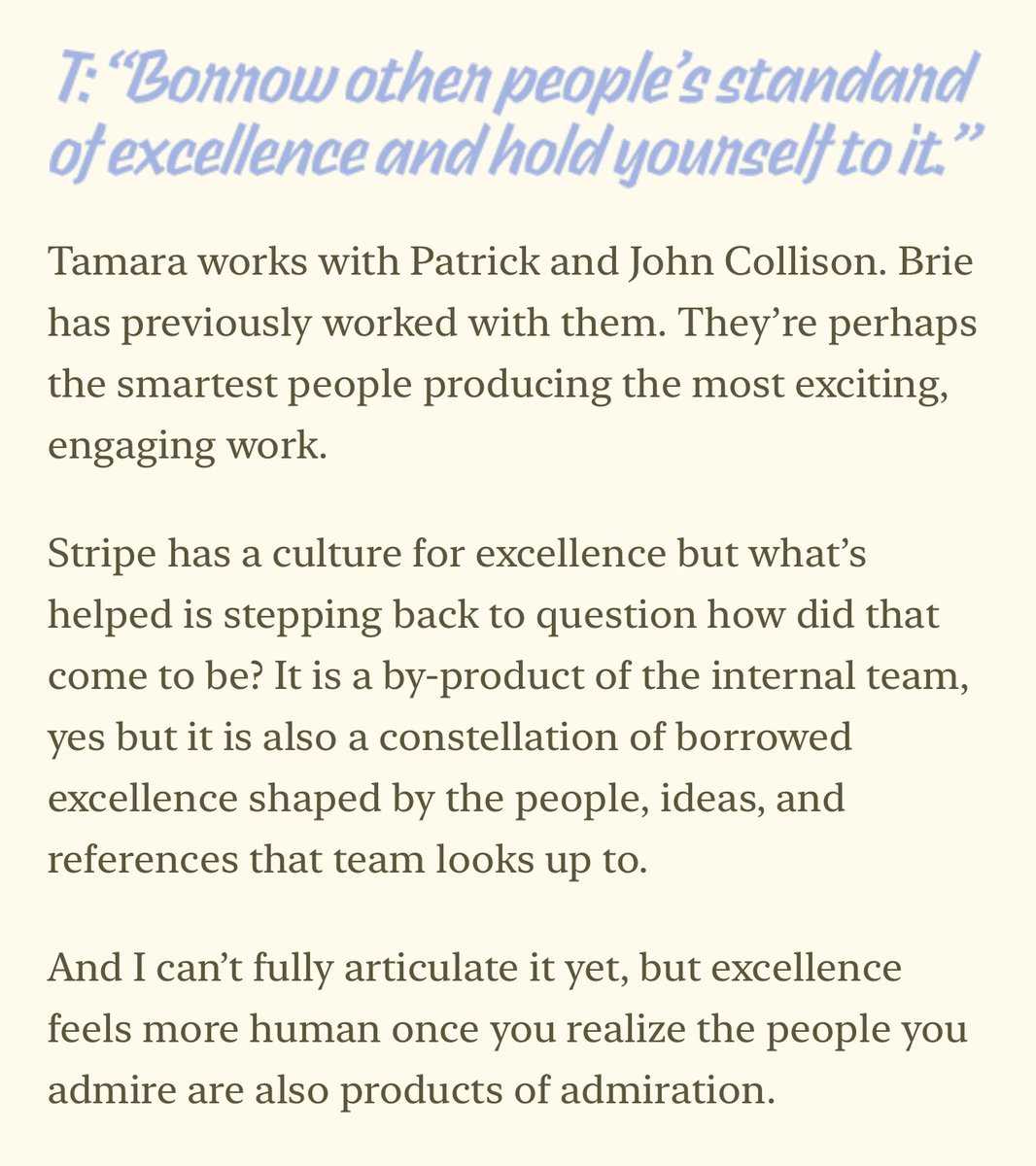 Mirani23Komal's tweet photo. Excerpts from “Becoming Irreplaceable” w/ @zebriez & @tamarawinter.

- “Make contact with reality as many times as possible: ship things, risk things, fail on real margins.”
- “Borrow other people’s standard of excellence and hold yourself to it.”
- “You will rise up or fall down to the standard of people you’re creating/collaborating with/for.”
- “Instead of ‘individual taste’, how have ‘institutes of taste’ (cc: @NewYorker, @Apple, @Pixar, @FortuneMagazine etc) been cultivated?” 

& so much more..

I’ve been drawn to their words and ideas for a looong time and having them in a room together shifted something for me and made me metabolize my own.

cc: @sariazout