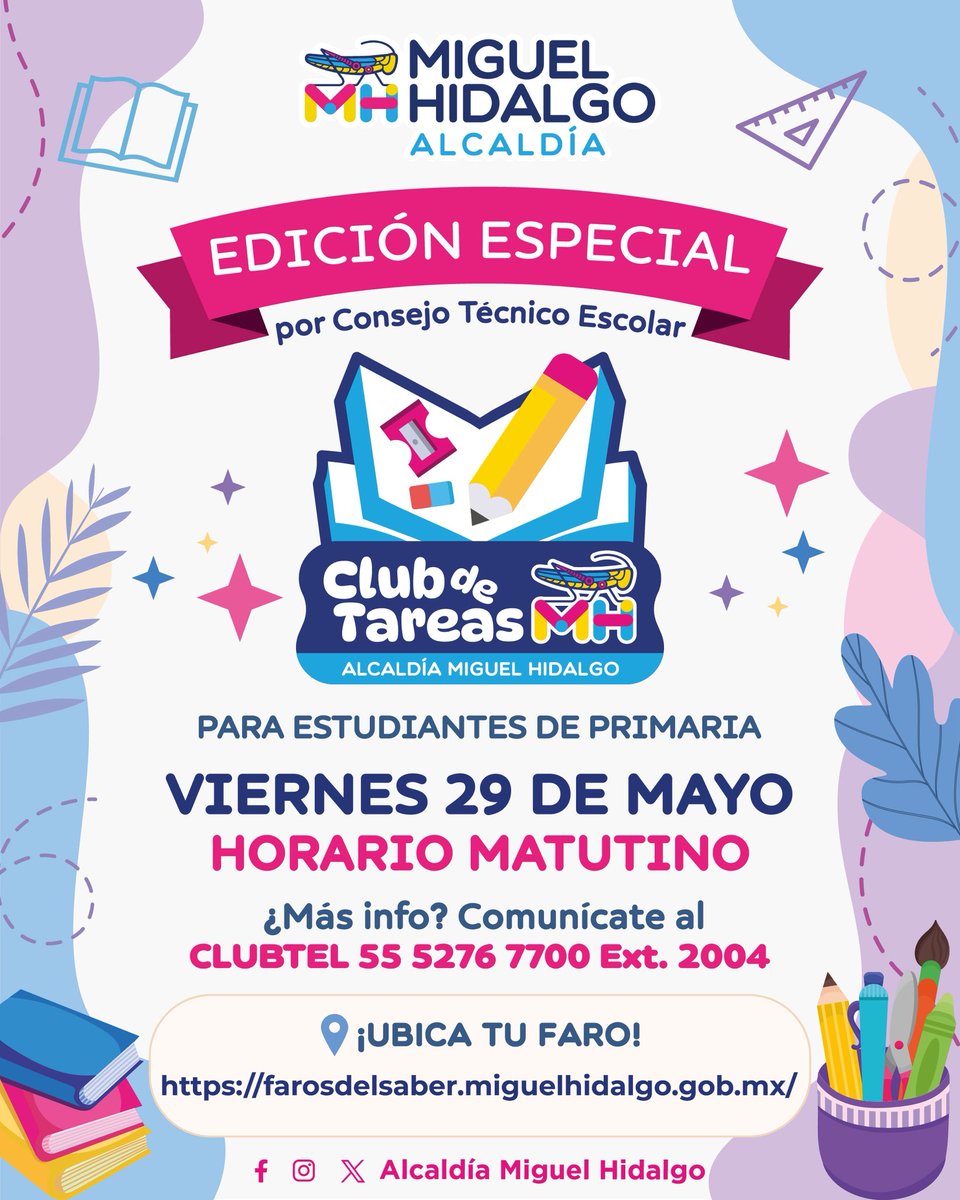 AlcaldiaMHmx's tweet photo. ¡Mañana es viernes de Consejo Técnico escolar!😱

No te preocupes, porque nuestro 'Club de Tareas' abre sus puertas MAÑANA 29 de mayo en horario matutino:

De 9 a 14 Hrs.
📍 Faro Escandón
📍 Faro Legaria
📍 Faro Constituyentes
📍Faro Reforma Social

De 11 a 14 Hrs.
📍 En los demás Faros del Saber (incluyendo la Biblioteca Manuel Gutiérrez Nájera)