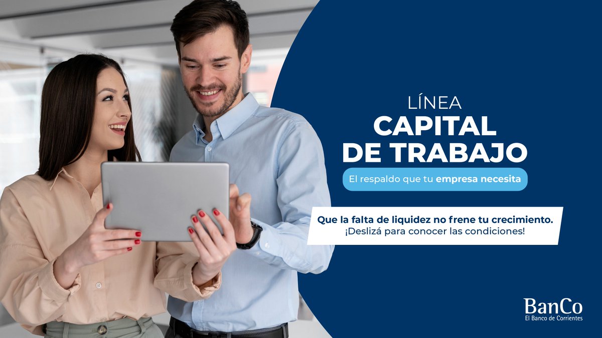 BancodeCtes's tweet photo. Con la línea de Capital de Trabajo de BanCo, accedé al financiamiento que necesitás para acompañar el crecimiento de tu empresa, cubrir gastos operativos y seguir avanzando con respaldo financiero 💼🚀

Más información en 🌐https://t.co/RiprZS6AjM https://t.co/MQxoruXRuJ
