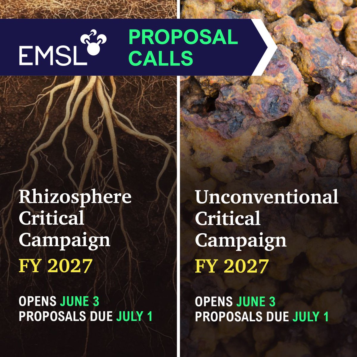 EMSLscience's tweet photo. Beginning June 3, researchers are invited to submit sampling proposals for two FY27 Community Science Campaigns:

🌱  Rhizosphere Critical
➡️  https://t.co/Vek7dQkkPl

🪨  Unconventional Critical
➡️  https://t.co/C5eLKGr44f

Proposals for both are due by 5 p.m. PDT on July 1. https://t.co/OIH6IQTSii