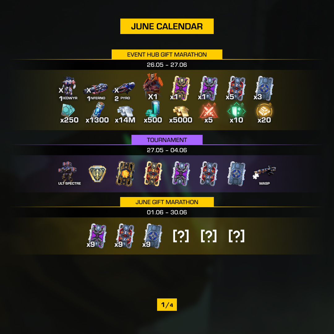 warrobotsgame's tweet photo. 🎁 Three Gift Marathons kicking off at the same time this June? Plus Tasks with Upgrade Tokens and three Tournaments? Well, this month is going to be PACKED!

🗺️ Check out the guide below for a full breakdown of all the upcoming June activities, pick your battles, and start prepping your Hangar. (Note: We’ve slightly tweaked some of the event names here, but they work exactly the same way in-game!)

➡️ Update War Robots and get ready for June: https://t.co/nkPPWWQEAh