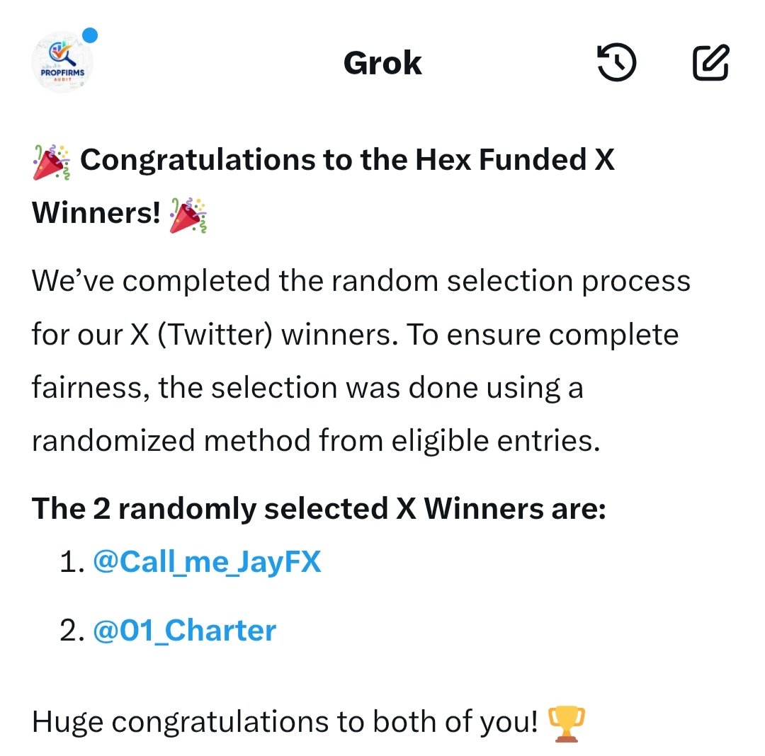 Propfirms_Audit's tweet photo. 🎁 Winner Announcement post  🎁

The 2 randomly selected X Winners are:

@Call_me_JayFX
  
@01_Charter

@StabdFx  ( Winner Selected through Discord ) https://t.co/18SjMV4sLZ