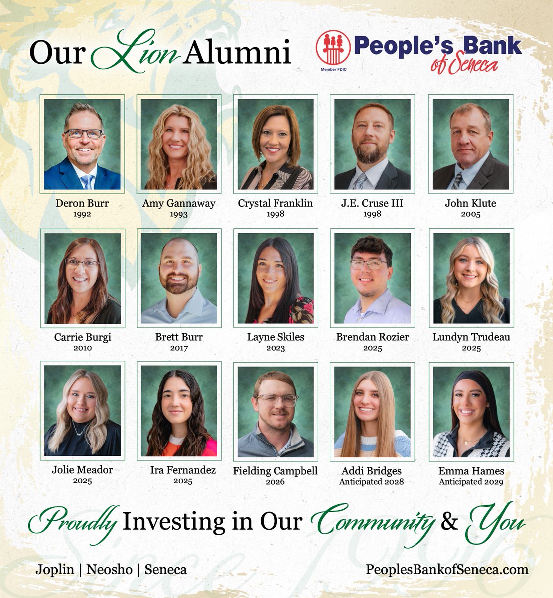 BankPBOS's tweet photo. In honor of grad season...once a Lion, always a Lion. 🦁💚💛 Proud of our MSSU alumni shaping our bank and community! #LionPride #MSSU #BankPBOS #CommunityStrong https://t.co/JoodNA6LRn