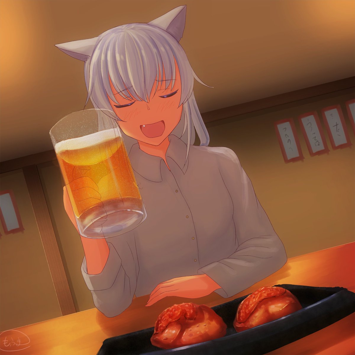 mofuma8's tweet photo. 「仕事終わりに居酒屋でお酒を飲むふぁいさん」
＃ふぁいアート　#熊野ふぁい https://t.co/okWKQ11eCR