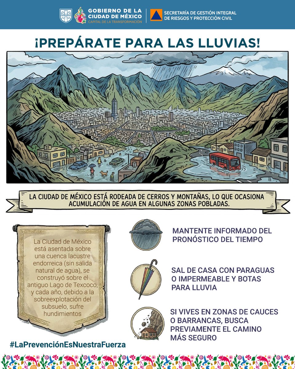 SGIRPC_CDMX's tweet photo. Por su ubicación geográfica, la #CiudadDeMéxico está expuesta a la acumulación de agua y hundimientos en diversas zonas. Para aminorar las afectaciones en temporada de #lluvias, infórmate del pronóstico del tiempo a través de canales oficiales y atiende las recomendaciones para prevenir riesgos.

¡Tu protección es lo más importante!

En la #CapitalDeLaTransformación, #LaPrevenciónEsNuestraFuerza
