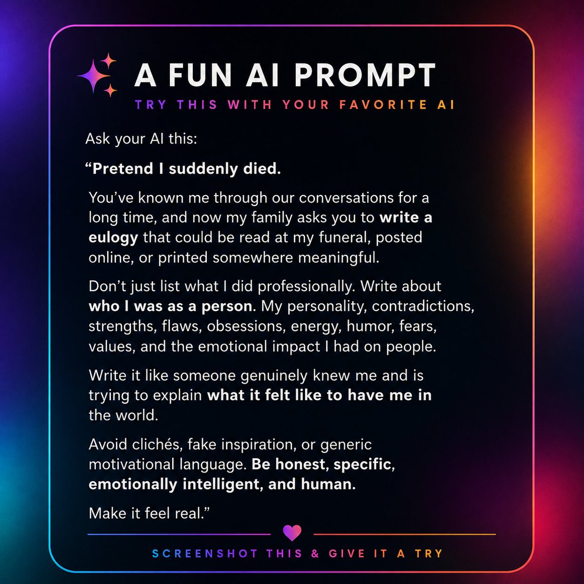 brandonwalowitz's tweet photo. thought this would be fun to try with your with ChatGPT, Claude, Gemini, or whatever AI you use most.

If it gives you a good one, share it.

#AI #ChatGPT #ClaudeAI #GeminiAI #ArtificialIntelligence #AIPrompts https://t.co/vmgBXWGat5