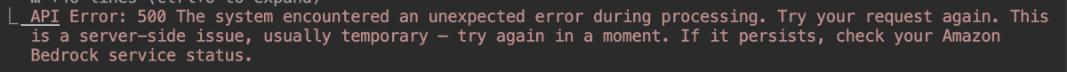 Mike_Trann's tweet photo. Upgraded to #Opus 4.8 with Bedrock. Immediately started getting 500 errors. Capacity issue? @Amazon https://t.co/C7hW8Dcxff