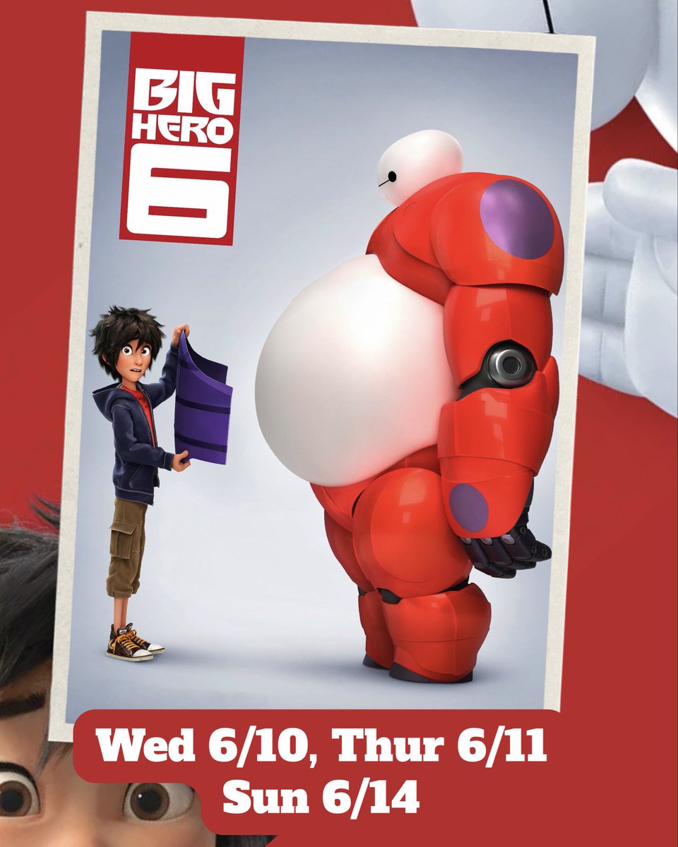 narocinema's tweet photo. Big Hero 6 kicks off Naro Kids Flicks!

June 10th  &amp; 11th at 1pm
June 14 at 12 noon

Join Hiro, Baymax, and friends for a big-screen adventure the whole family will love.

🎟️ All seats $5
Naro ticket books accepted

Full summer lineup: https://t.co/8nhn0v66ha https://t.co/v0b0FsORx8