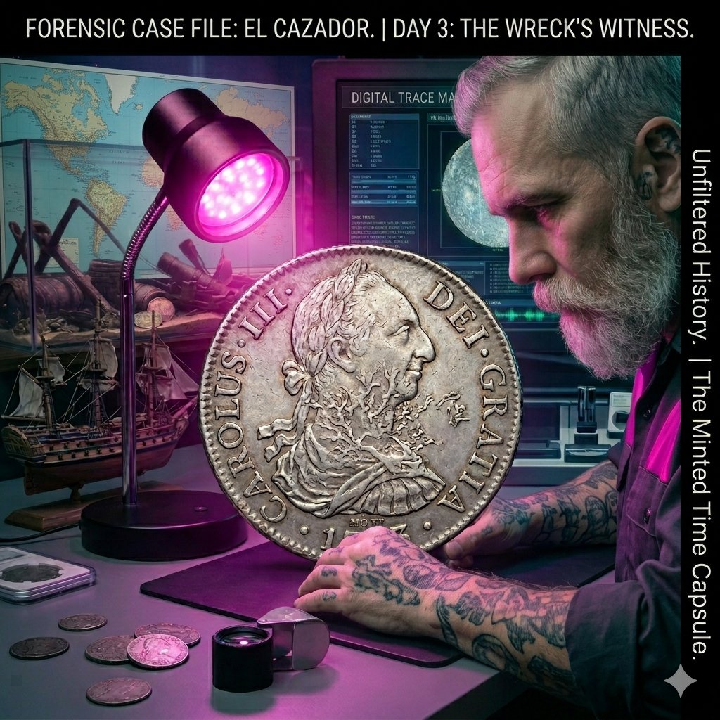 TheMintTimeCap's tweet photo. Case File 1783: The El Cazador wreckage.

Looking at the forensic evidence on this 8 Reales, the standard "storm" explanation just doesn't hold up. Salt-crusted, pitted, and recovered from the deep.

#themintedtimecapaule
 #ElCazador #ShipwreckSilver #Numismatics #HistoryMystery https://t.co/3kgf7tmcyL