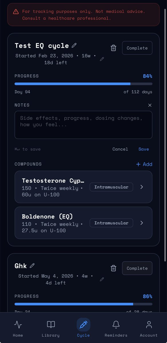 DrRobLane's tweet photo. New in PinTracker: Cycle Notes.

Log side effects, sleep, mood, strength jumps, dose tweaks — right next to the compound that caused it.

Week 14 you. Meet week 1 you.
No more “did I feel this good last cycle?” guessing.

$9.99 lifetime → https://t.co/GlkyTQ1qiF

#Peptides #TRT #Bodybuilding #PeptideTherapy #BPC157 #HarmReduction #CycleLog #Biohacking