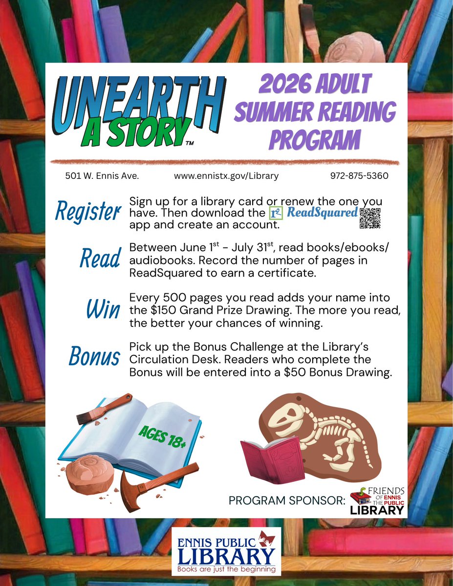 EnnisLibrary's tweet photo. Kids don't have all the fun. The Adult Summer Reading Program will kick off June 1st for anyone 18 years and older. Whether you can read a book a day or only one all summer, you might win the $150 Grand Prize! See the  flyer for details... https://t.co/9UBwIDbUm8