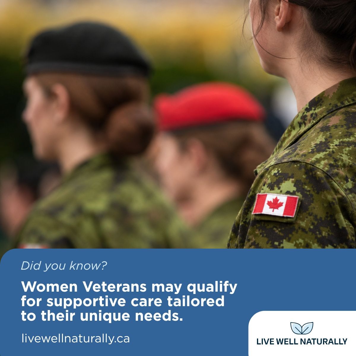 LWellNaturally's tweet photo. Canadian Women Veterans may be eligible for supportive care coverage. From chronic pain to sleep
disturbances, we provide free expert consultations, access to discrete personalized products
and treatment plans, and full support with benefits through VAC and private insurances.