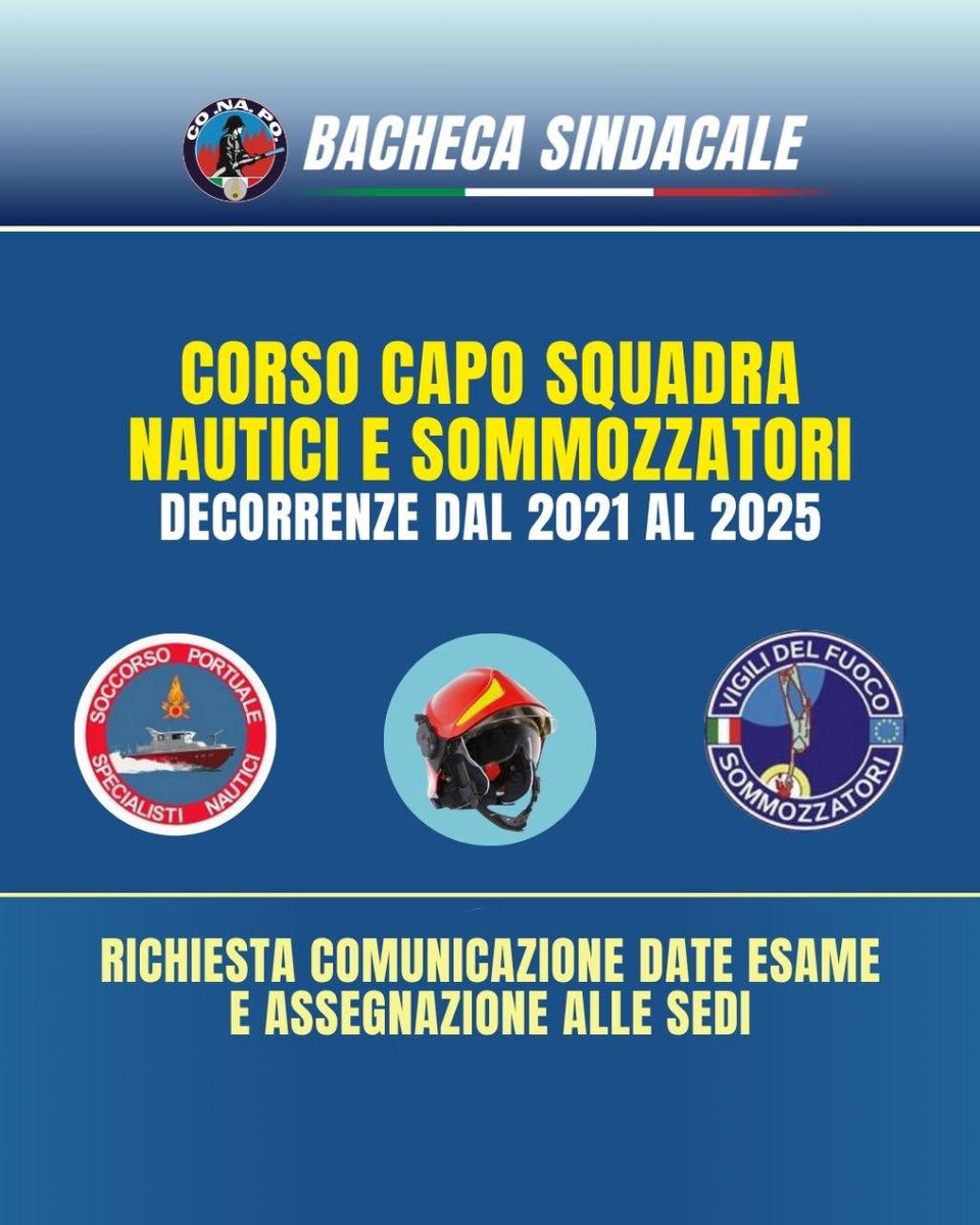 CONAPO_VF's tweet photo. 🚤 Corso a Capo Squadra nautico di macchina, nautico di coperta e sommozzatore – decorrenze dal 2021 al 2025

🗓 richiesta comunicazione date esame finale e assegnazione alle sedi di servizio

Leggi la nota #CONAPO 👉 https://t.co/GXbN265j0Q

#VigilidelFuoco #VVF @vigilidelfuoco https://t.co/e8ewAqRf75