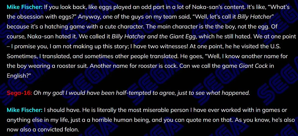 Crownified's tweet photo. There's a new interview with Mike Fischer (Former VP/SEGA OF AMERICA Product Manager) that has the most scathing review of Yuji Naka I've ever seen. https://t.co/apTQ4Ra8vd