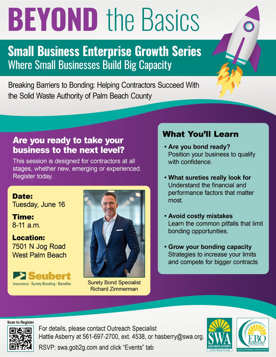 SWAPBC's tweet photo. Contractors, are you ready to grow? Join the #SWA for Beyond the Basics, an interactive workshop focused on bonding readiness, financial strategy and building capacity for larger contract opportunities. Space is limited.

Register Today: https://t.co/7IggMce6jM and click "Events" tab

It is the policy of the Solid Waste Authority of Palm Beach County not to resolve customer complaints or respond to inquiries on social media. If you have a collection-related issue in unincorporated Palm Beach County, please contact our Customer Service team at 561-697-2700 or contactcis@swa.org to have your issue resolved in a timely manner.