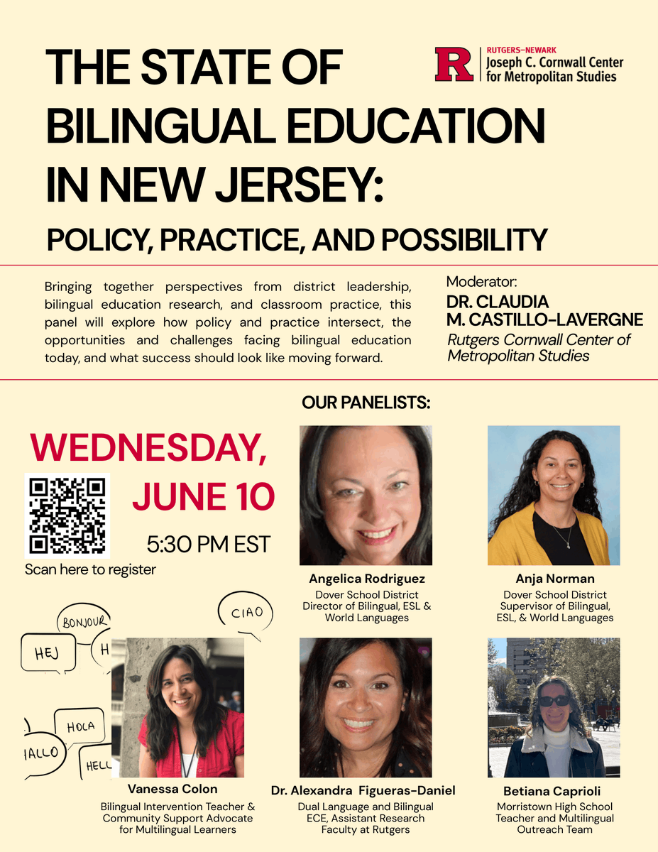 PreschoolToday's tweet photo. Join NIEER's Alexandra Figueras-Daniel and other experts on June 10 for a conversation on the current state of bilingual education in New Jersey.  

Register here: https://t.co/1f9FGdNjyP https://t.co/qRxP41nzzB