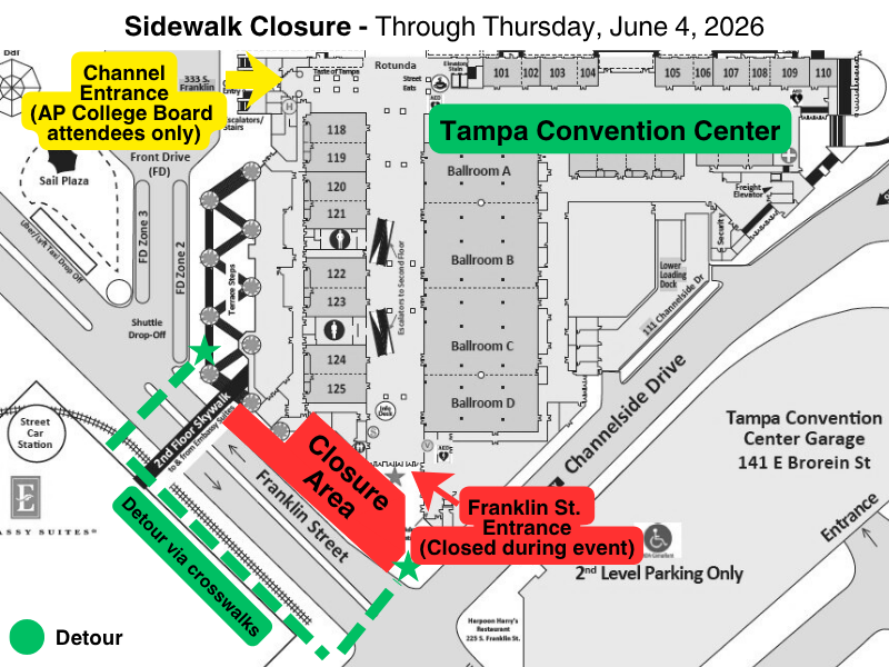 TheTampaCC's tweet photo. Sidewalk closure: A section of the sidewalk outside the Tampa Convention Center’s Franklin Entrance is closed through June 4. Please use crosswalks and follow the detour across the street. 

This allows for safe installation of new artwork. 

Thanks for your patience! https://t.co/yBO8TFXc4h