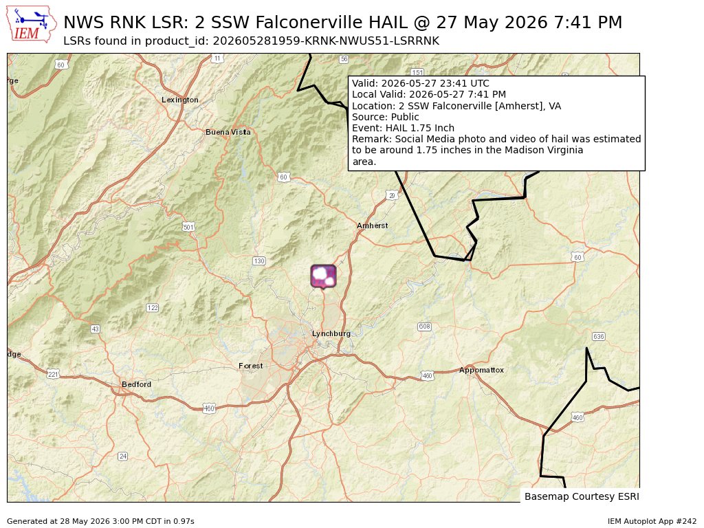 CBS19Weather's tweet photo. [Delayed Report] On May 27, at 7:41 PM EDT, 2 SSW Falconerville [Amherst Co, VA] Public reports Hail of golf ball size (E1.75 Inch). Social Media photo and video of hail was estimated to be around 1.75 inches in the Madison Virginia area. #vawx https://t.co/rTiuRW8qWn https://t.co/FwboaTPhV7