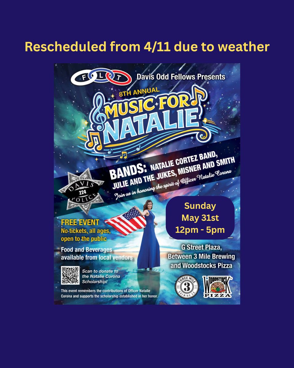 YoloDA's tweet photo. Join the Davis Odd Fellows @“Music for Natalie” event on 5/31/26, 12-5, G St. Plaza in @CityofDavis , to honor the memory of fallen Officer Natalie Corona. Free community music celebration while raising support for the Natalie Corona Scholarship. #HonorTheFallen #neverforget https://t.co/TYj6mMGa5a