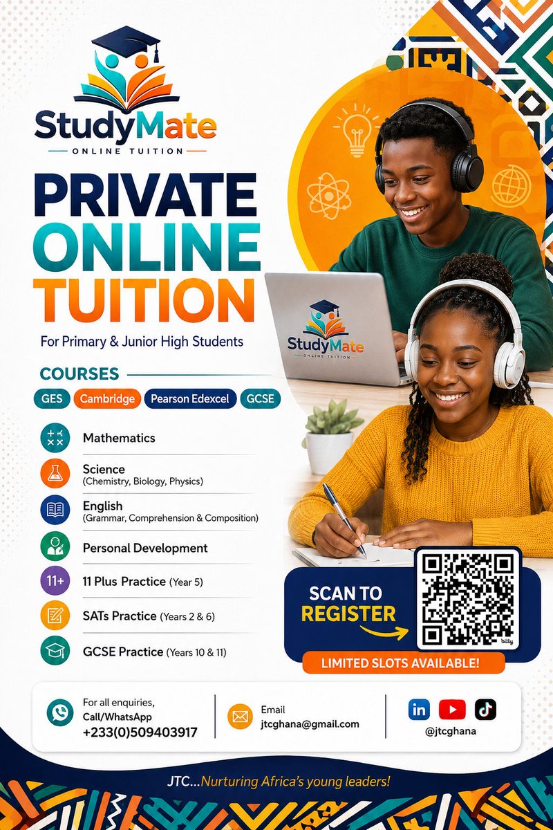 joyousocran's tweet photo. Hi there👋🏿

We introduce to you our private online tuition for students

We entreat you, help your kids to learn today, and lead tomorrow🥳😎

Enroll now!
https://t.co/McH6GjKPbh
***
Follow our WhatsApp Channels;
https://t.co/wodVJOEZIs

https://t.co/R2xoQwWzlw

#jtcghana https://t.co/J879jaNr7j