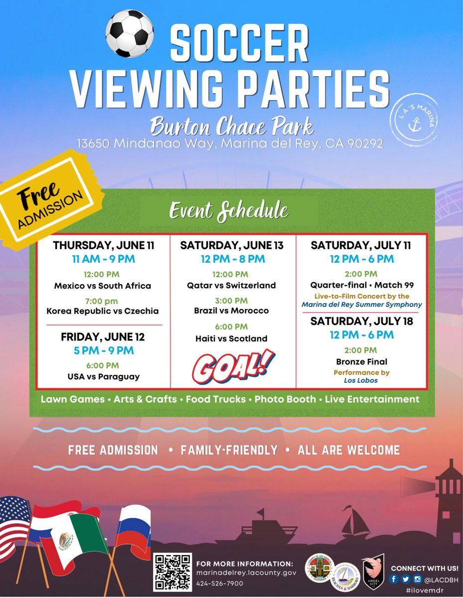 CountyofLA's tweet photo. Join @lacdbh for free family-friendly Soccer Viewing Parties at Burton Chace Park in Marina del Rey! Come watch the soccer matches on the big screen, grab a bite and enjoy fun-filled entertainment for all.

✨Admission is FREE with RSVP.

RSVP TODAY at: https://t.co/Z6V16SAoTm https://t.co/kEBGSkVGqq